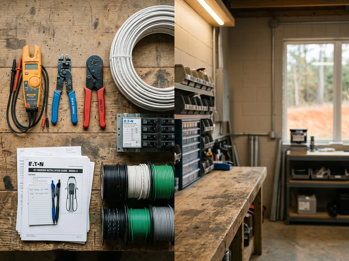 Electrical tools and equipment arranged on a work surface, representing the trade services offered.