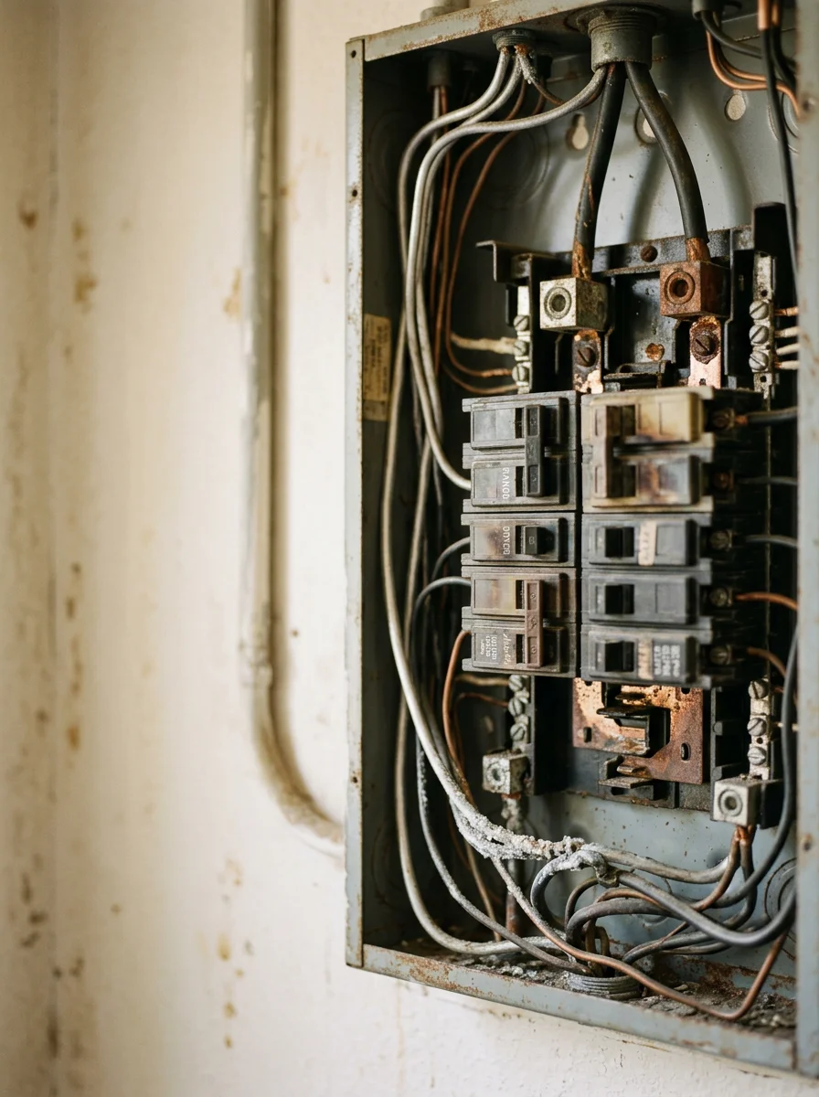 Close-up of an outdated 100-amp electrical panel in a Blount County, Alabama home showing worn breakers and aluminum wiring.