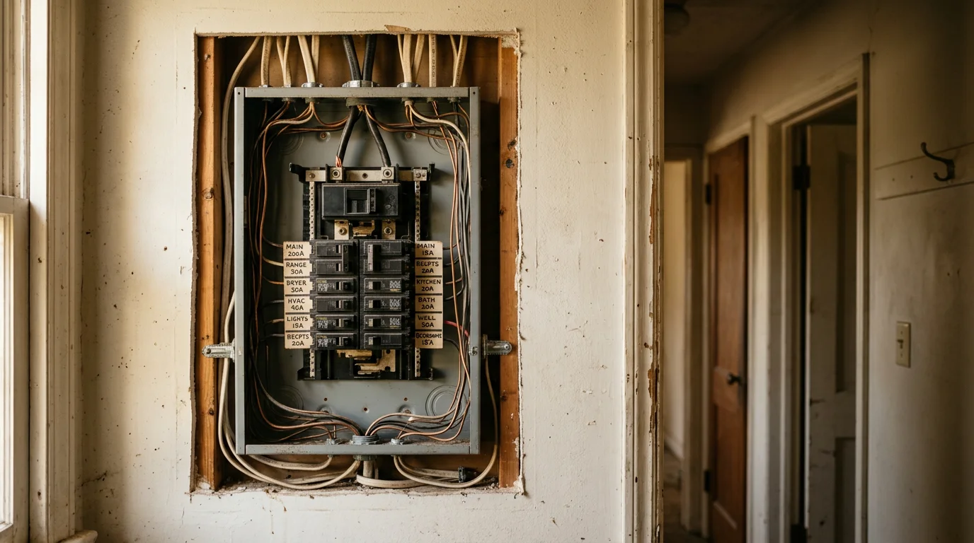 Electrician working on a residential electrical panel inside a rural Blount County, Alabama home with exposed wiring and a 1980s-era breaker box.