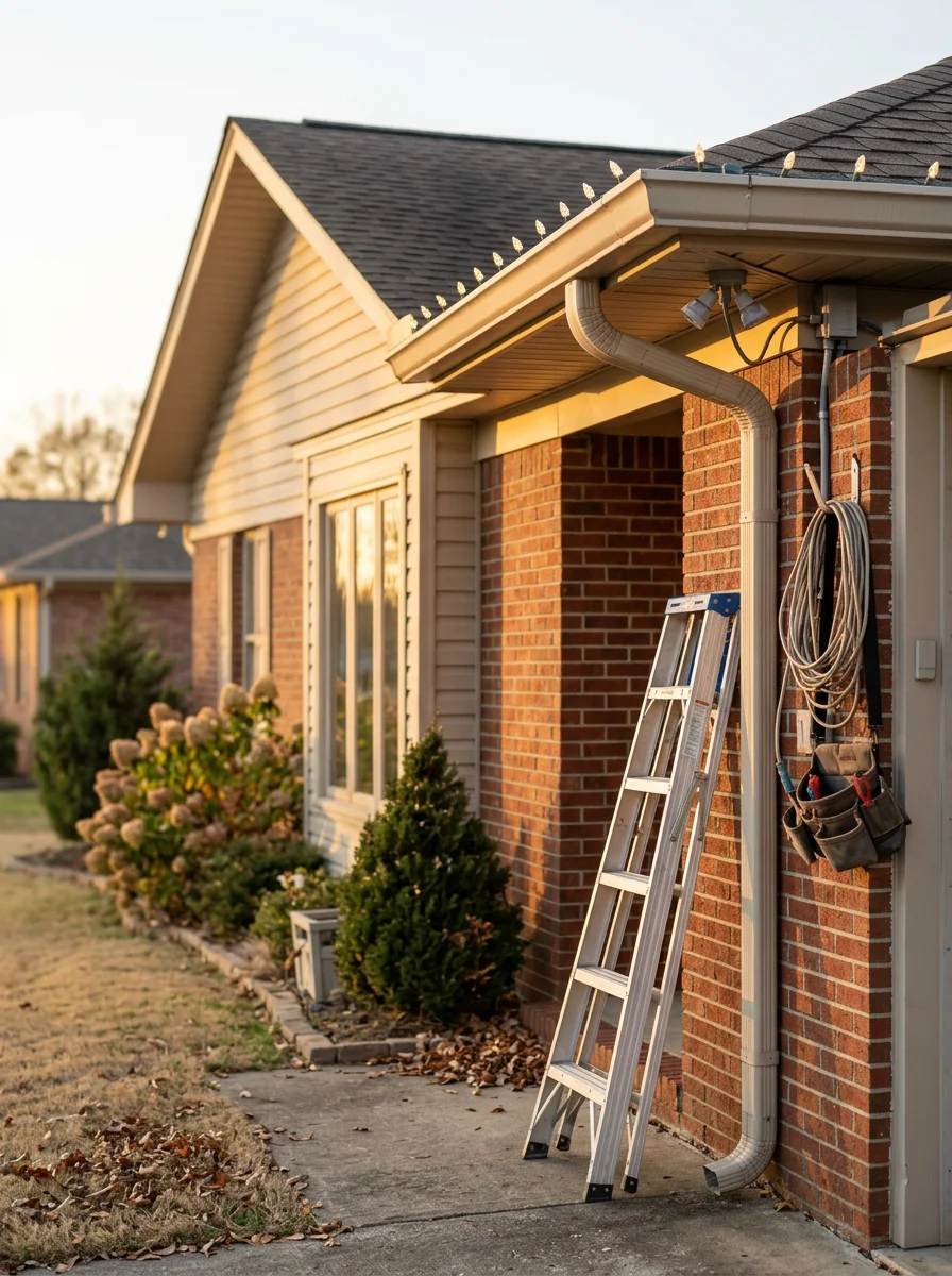 Exterior holiday lighting installation on a residential home along US-31 in Cullman, AL, with an electrician securing weatherproof connections at the roofline.