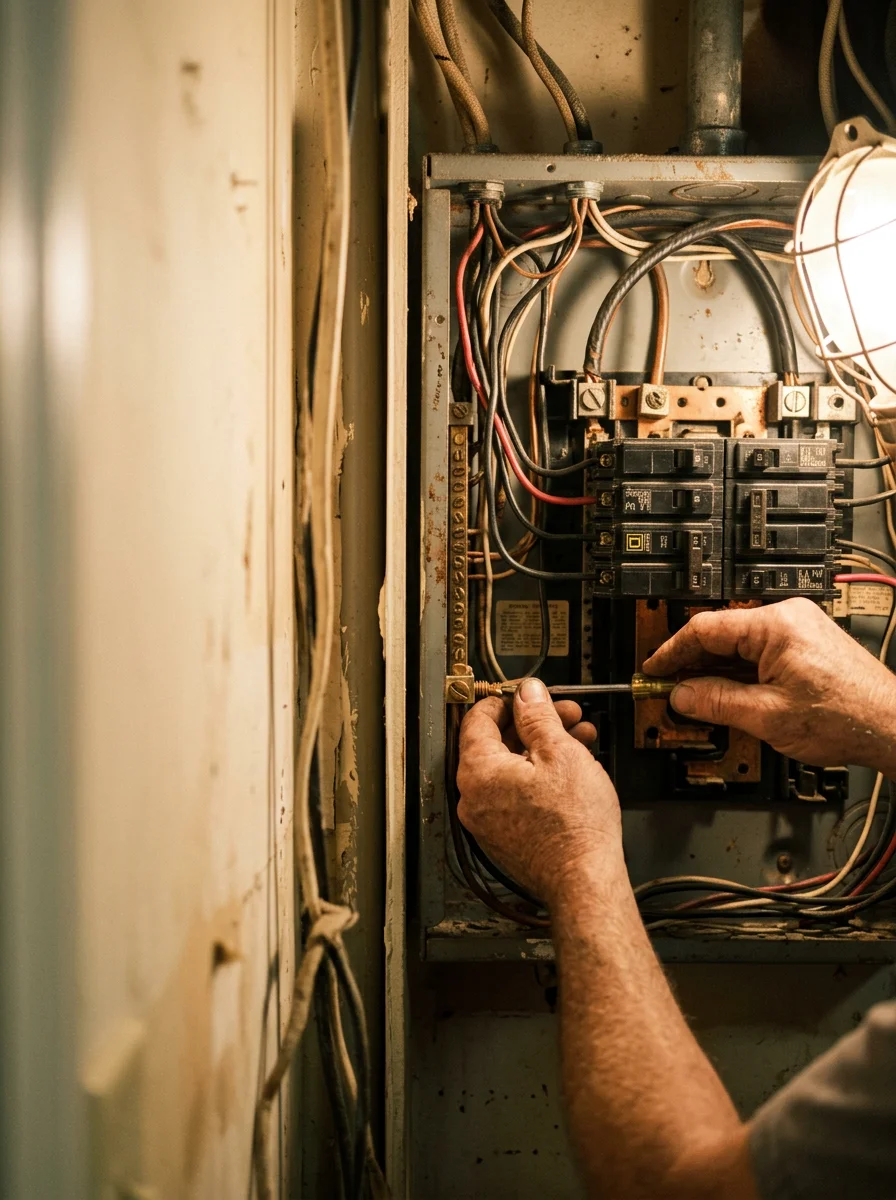 Electrician inspecting and tightening connections inside an older electrical panel in a Fultondale, AL home during a routine electrical maintenance visit.