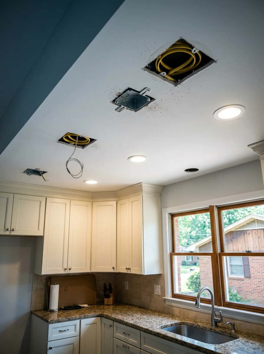 LED recessed lighting installation in the kitchen of a 1970s ranch-style home in Gardendale, AL, with the electrician working at the junction box above the ceiling.