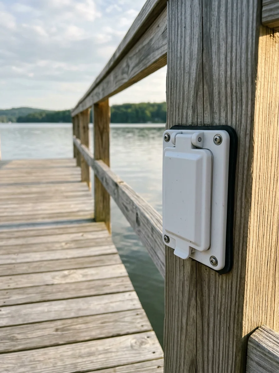 Weatherproof GFCI outlet installation at a residential dock on Lake Guntersville, AL, with the electrician securing the waterproof cover plate.