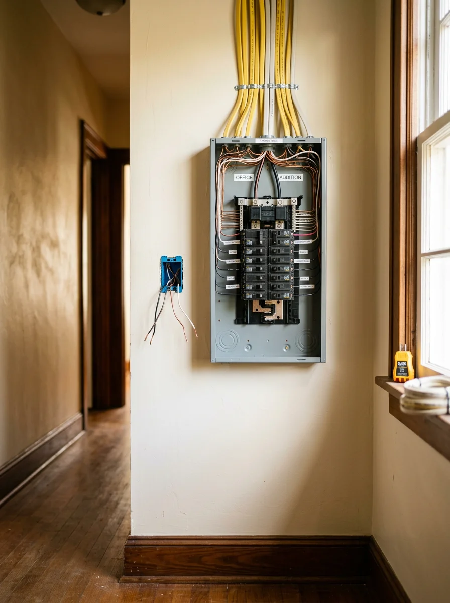 Electrician adding a dedicated home office circuit at an outlet in a residential room in Moody, AL, with the panel visible in the adjacent hallway.