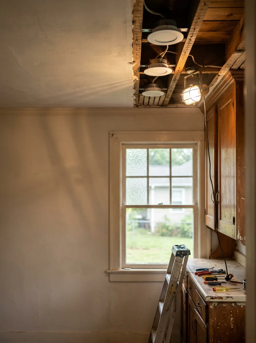 LED lighting upgrade in progress in the kitchen of an older single-family home in Oneonta, AL, with new recessed fixtures being installed.