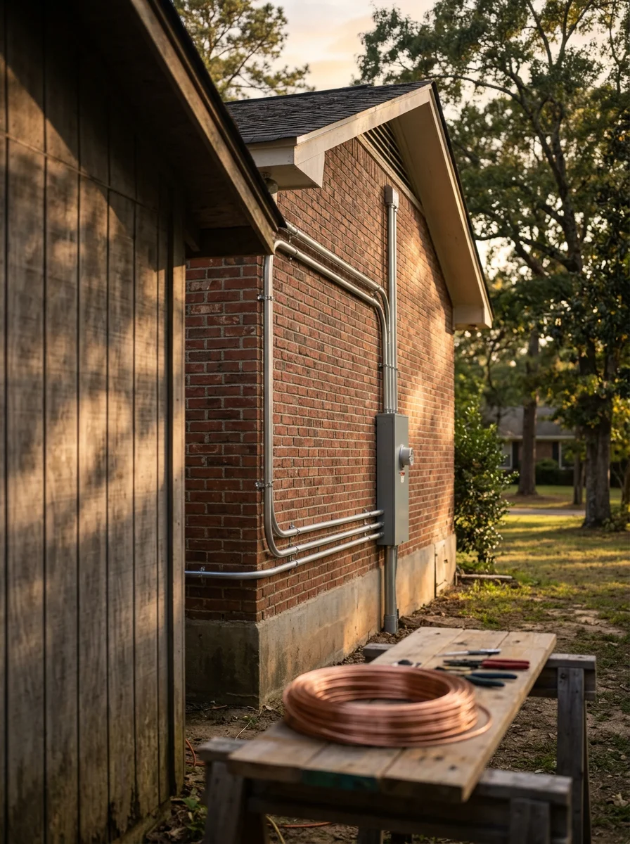 Electrician running a new circuit to a detached workshop on a large residential lot in Pinson, AL, with conduit visible along the exterior wall.
