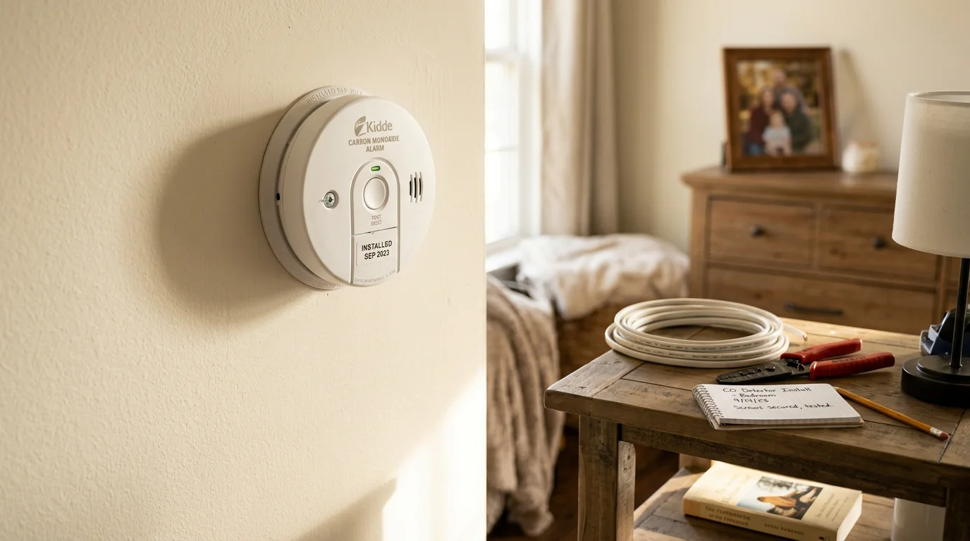 A licensed electrician from Leblanc Electric installing a hardwired carbon monoxide detector outside a bedroom in a single-family home in Blount County, Alabama. The detector is mounted on the wall at the correct height near the sleeping area.