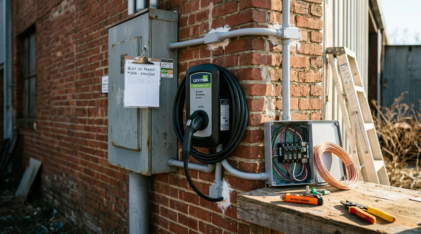 A commercial EV charging station mounted on a post in a business parking lot in Blount County, Alabama, with conduit running along the exterior wall to a dedicated electrical panel. The station sits in a clearly marked parking space ready for employee and customer use.