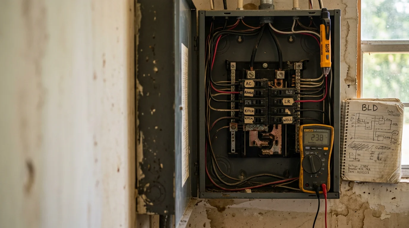 An electrician inspecting a breaker panel inside a rural home in Blount County, Alabama. The technician checks connections and circuit labels during a routine electrical maintenance visit.