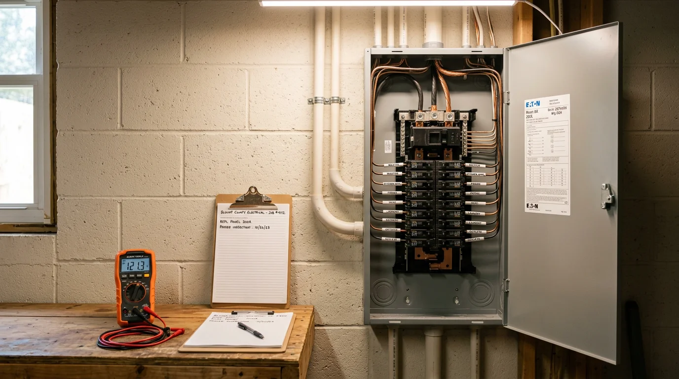 A newly installed residential electrical breaker panel with clearly labeled circuits mounted on an interior wall in a Blount County, Alabama home. The panel is clean, organized, and sized to handle modern electrical loads.