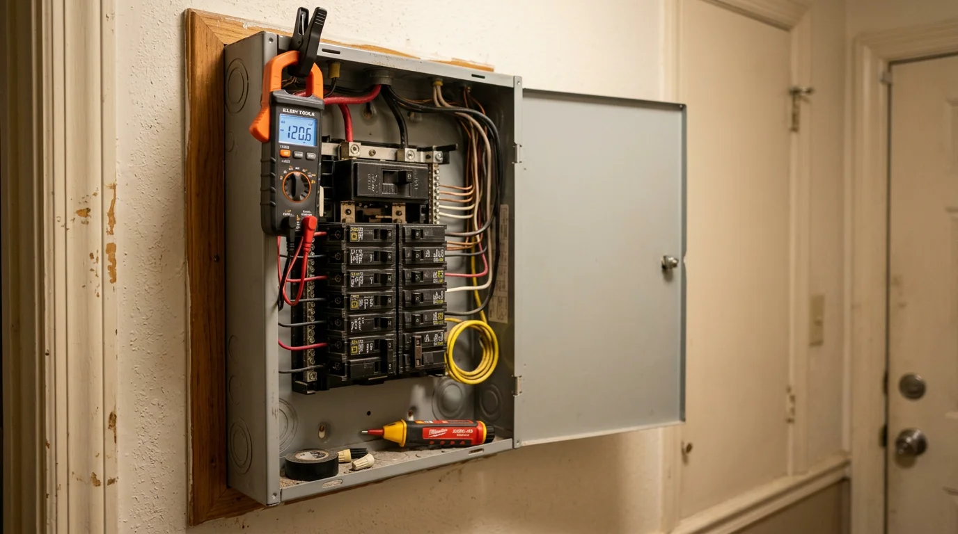 An electrician repairing a residential electrical outlet inside a Blount County, Alabama home. The work area shows exposed wiring at a wall box being carefully inspected and corrected.