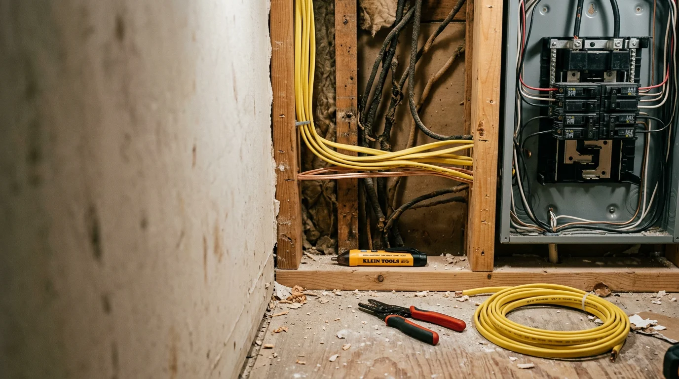 An electrician running new copper wiring through the wall cavity of an older home in Blount County, Alabama. New wiring replaces deteriorated cloth-covered conductors in a residential rewiring project.