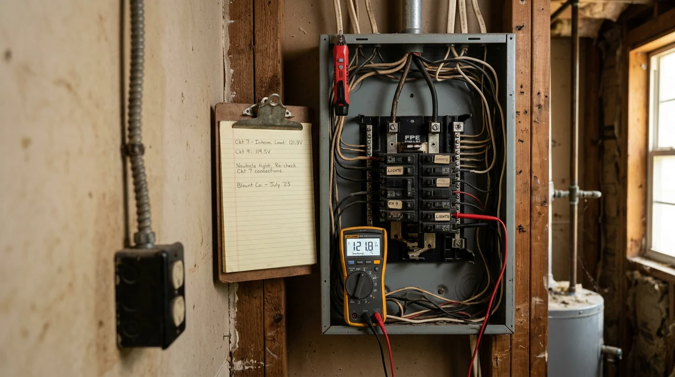 An electrician from Leblanc Electric testing a residential circuit breaker panel inside a home in Blount County, Alabama. The technician uses a diagnostic meter to trace the source of an electrical fault.