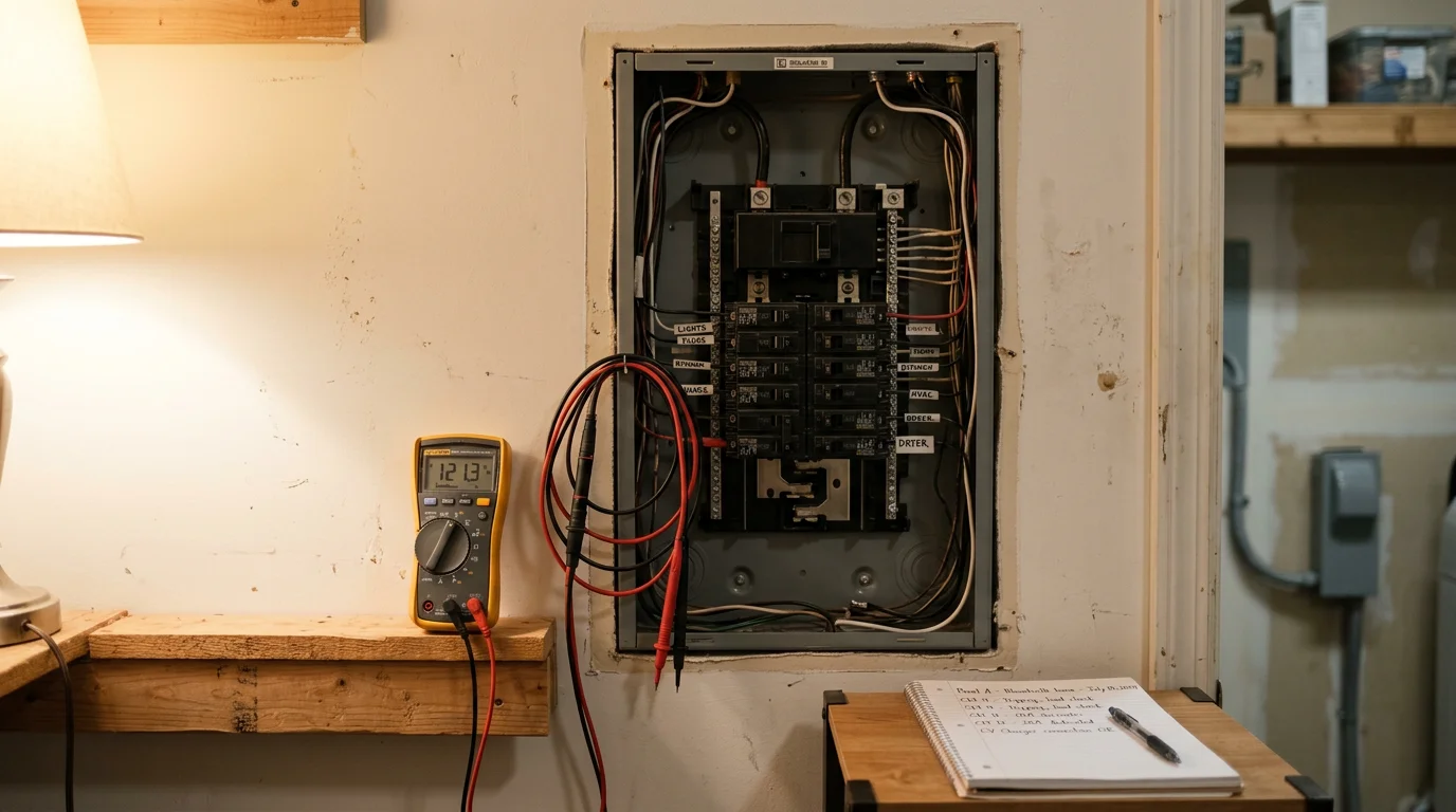 An electrician inspecting a residential EV charger and electrical panel in a garage in Blount County, Alabama. The charger is mounted on the wall and the panel cover is open for diagnostic testing.