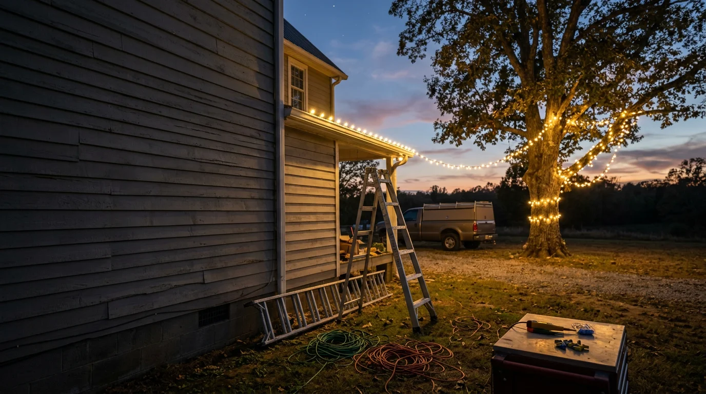 Holiday lights installed along the roofline and wrapped around trees at a residential home in Blount County, Alabama. The display shows evenly spaced strands covering the front exterior on a clear winter evening.