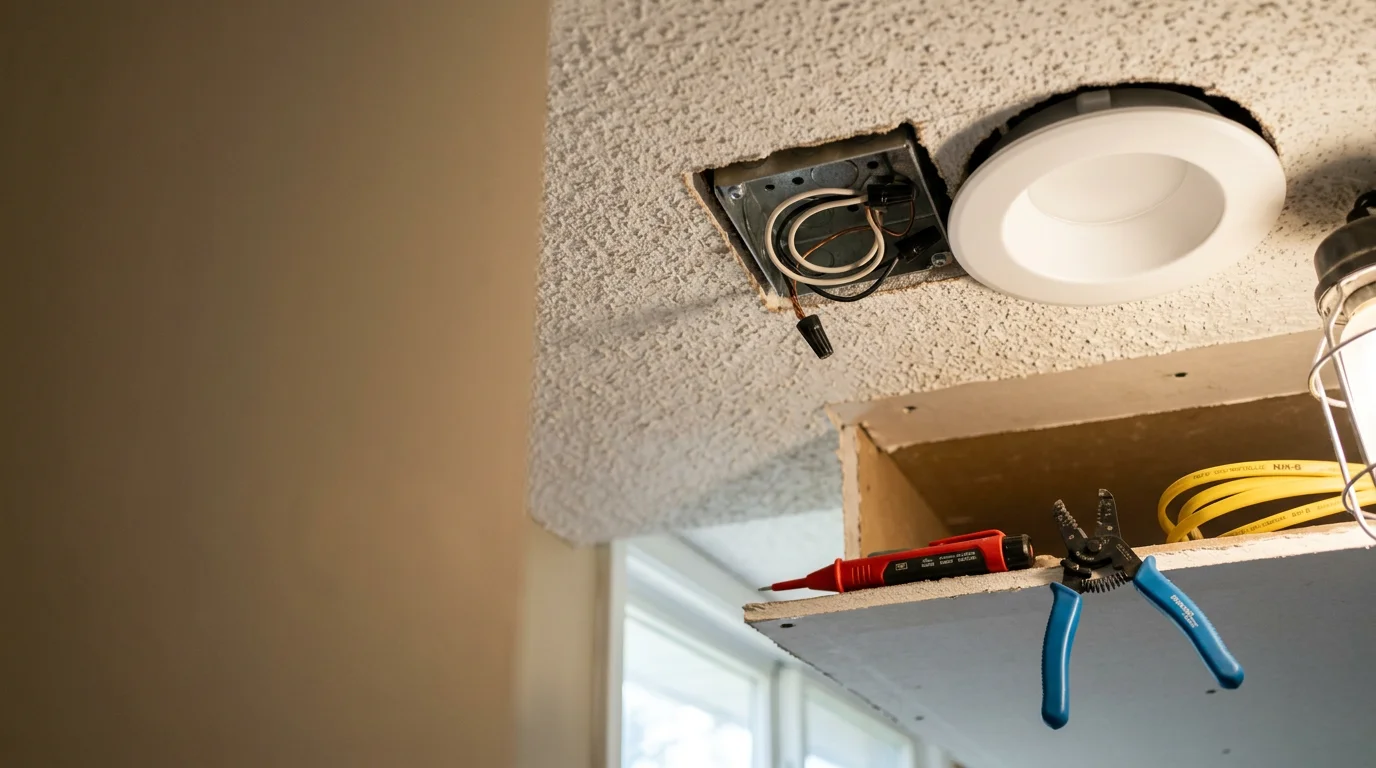 A licensed electrician installing a ceiling light fixture in a single-family home in Blount County, Alabama. The fixture is mounted flush to a white ceiling in a residential living room with natural light coming through nearby windows.