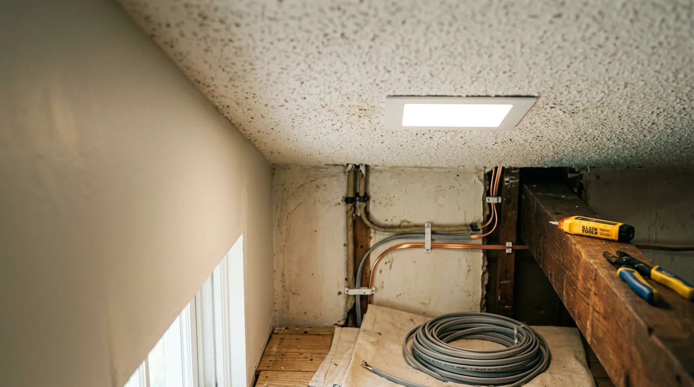 An electrician upgrading interior light fixtures in a brick ranch home in Blount County, Alabama. The finished room shows modern, evenly distributed overhead lighting replacing older dim fixtures.