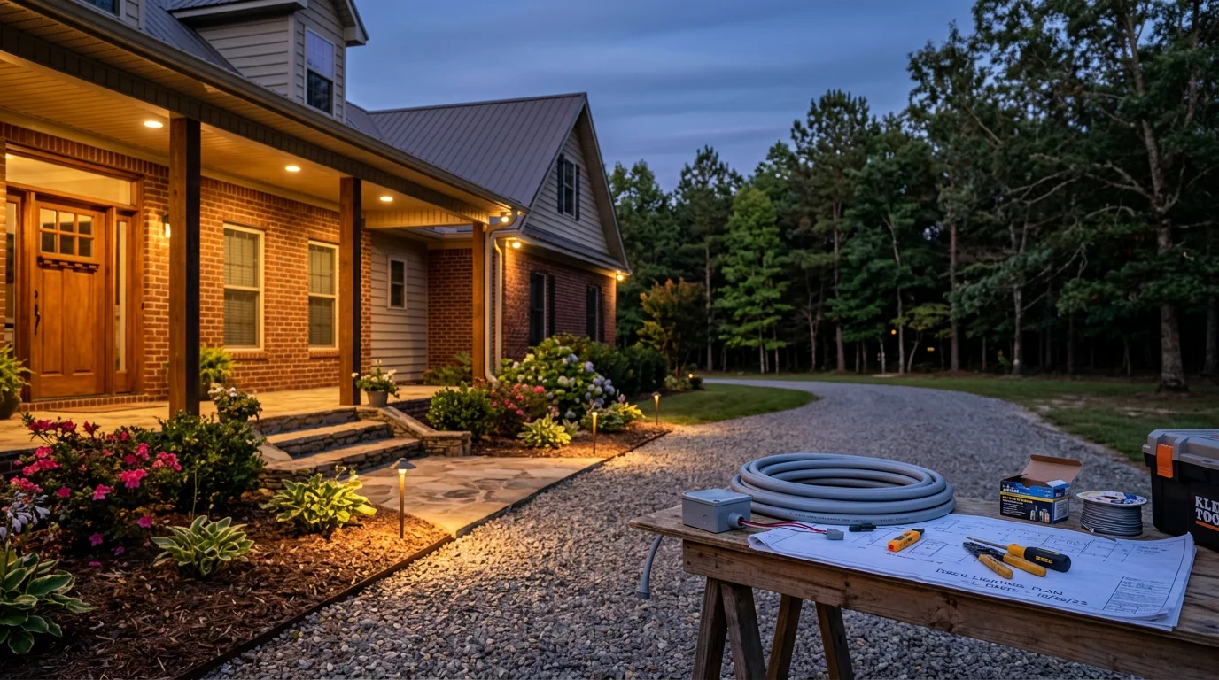 Outdoor lighting fixtures installed along the front walkway and entry of a residential home in Blount County, Alabama, illuminating the pathway and porch after dark. The property includes a long driveway lined with ground-level lights extending toward a detached garage.
