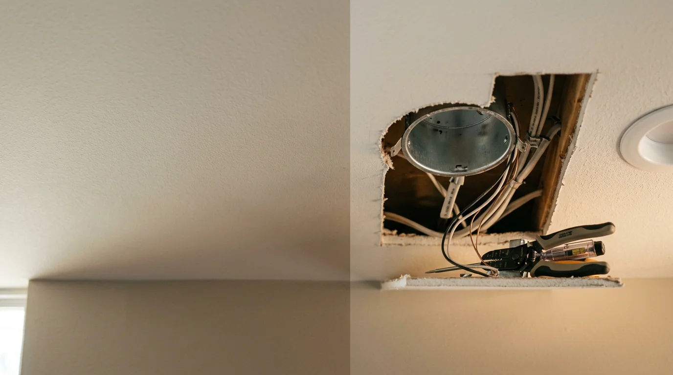 Newly installed flush recessed lighting fixtures in the ceiling of a residential living room in Blount County, Alabama. The room shows even overhead illumination with clean trim rings and no visible wiring.