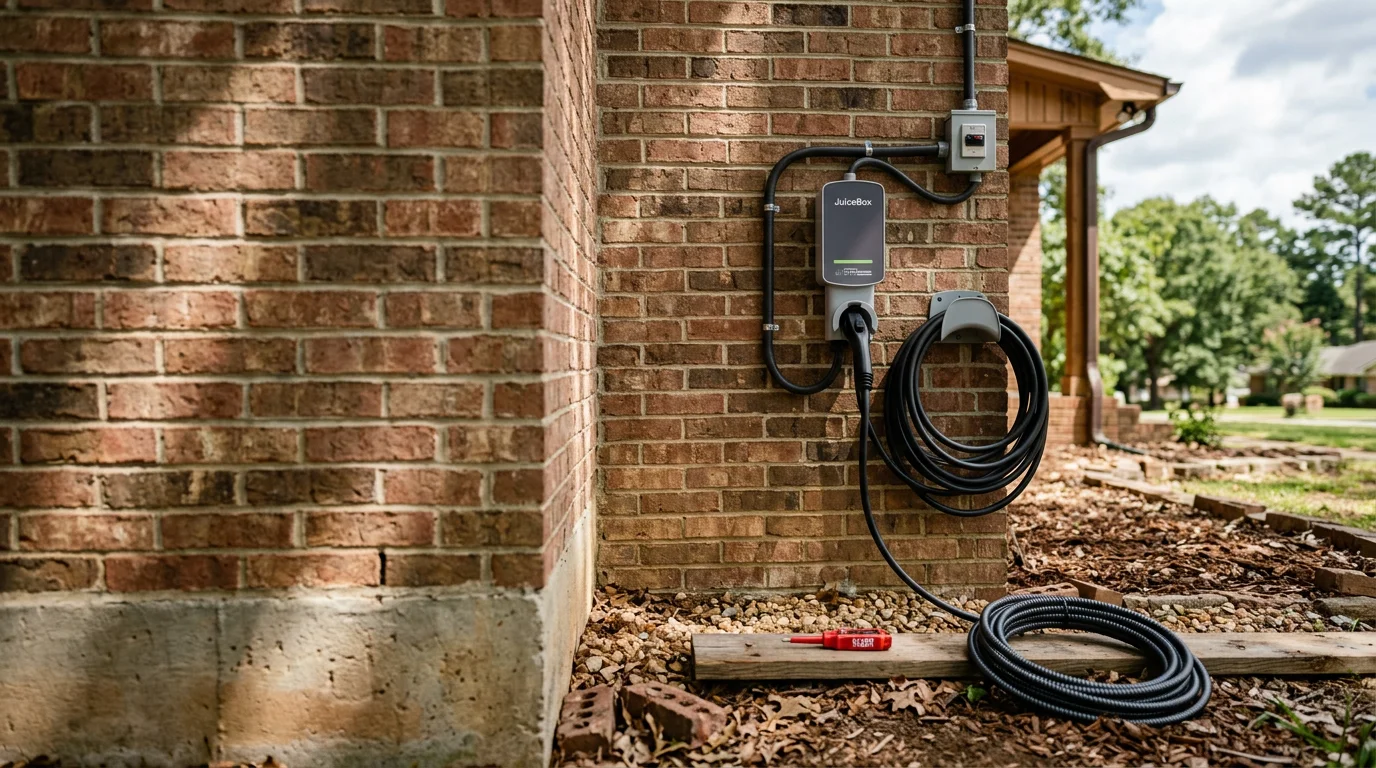 A residential EV charger mounted on the interior wall of a garage at a single-family home in Blount County, Alabama, with a 240-volt dedicated circuit and clean conduit run visible. The charger cable hangs neatly beside a parked electric vehicle in a suburban garage setting.