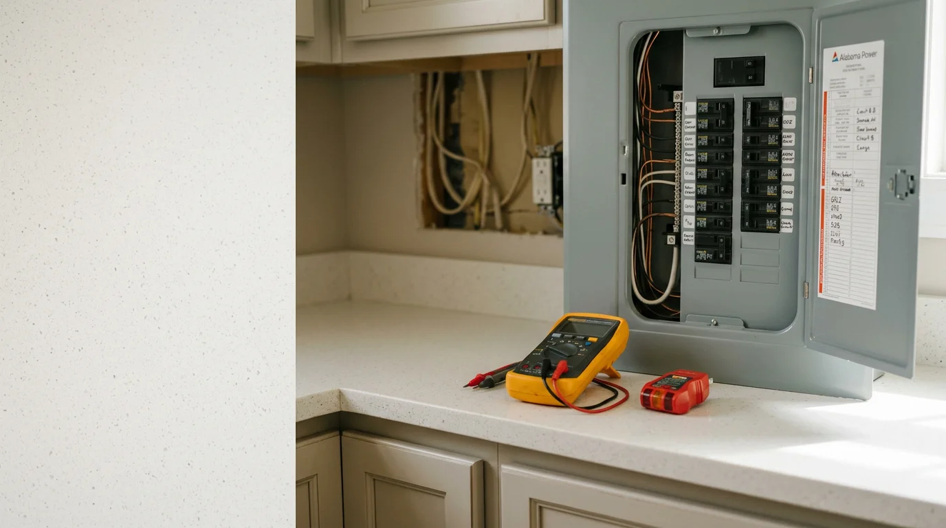 An electrician testing a GFCI outlet with a handheld tester inside a Blount County, Alabama home. The outlet test button and reset button are visible on the white receptacle plate.