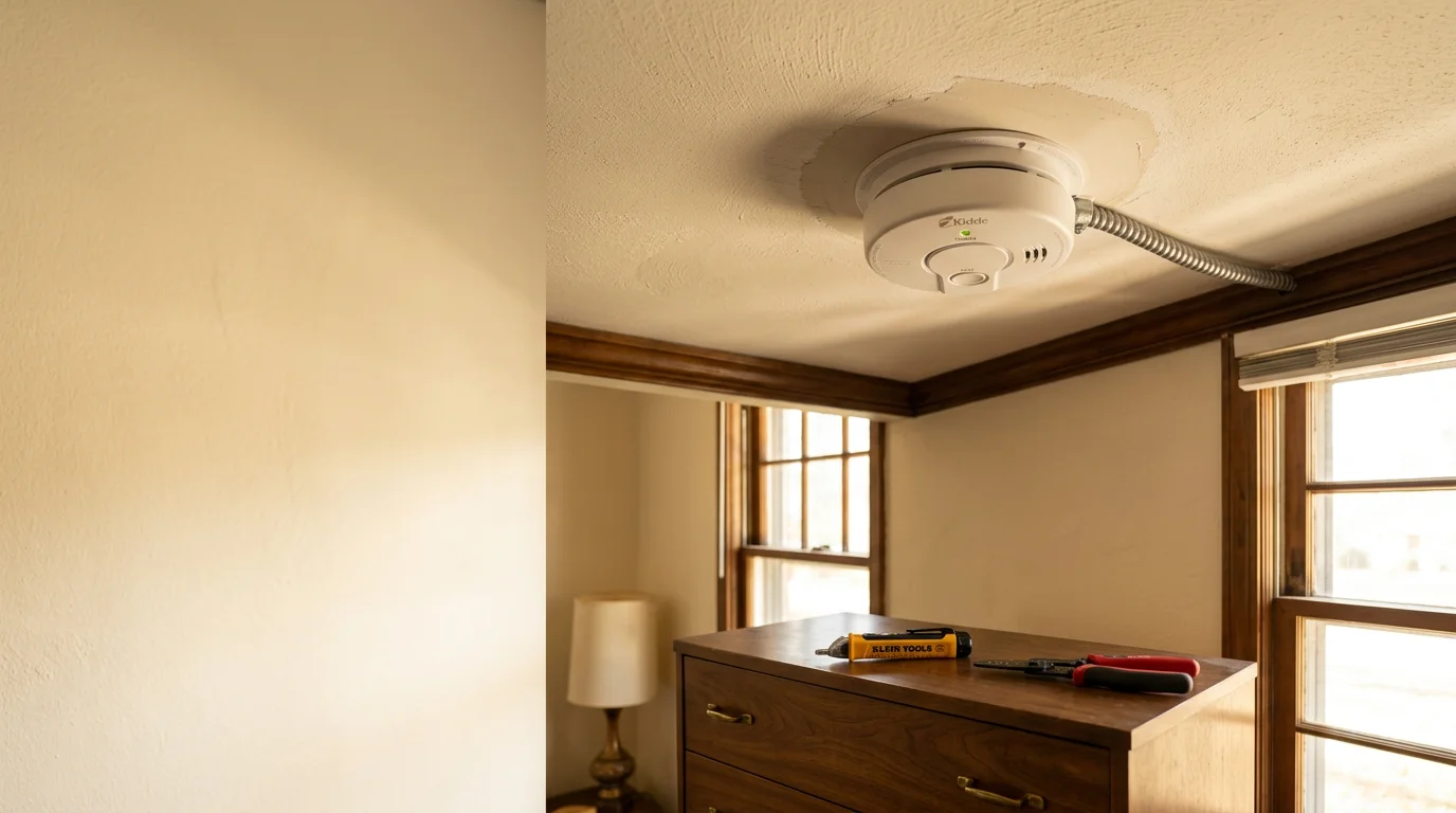 An electrician mounting a hardwired smoke detector on the ceiling of a bedroom in an older ranch-style home in Blount County, Alabama. The detector is positioned near the doorway in line with Alabama placement requirements.